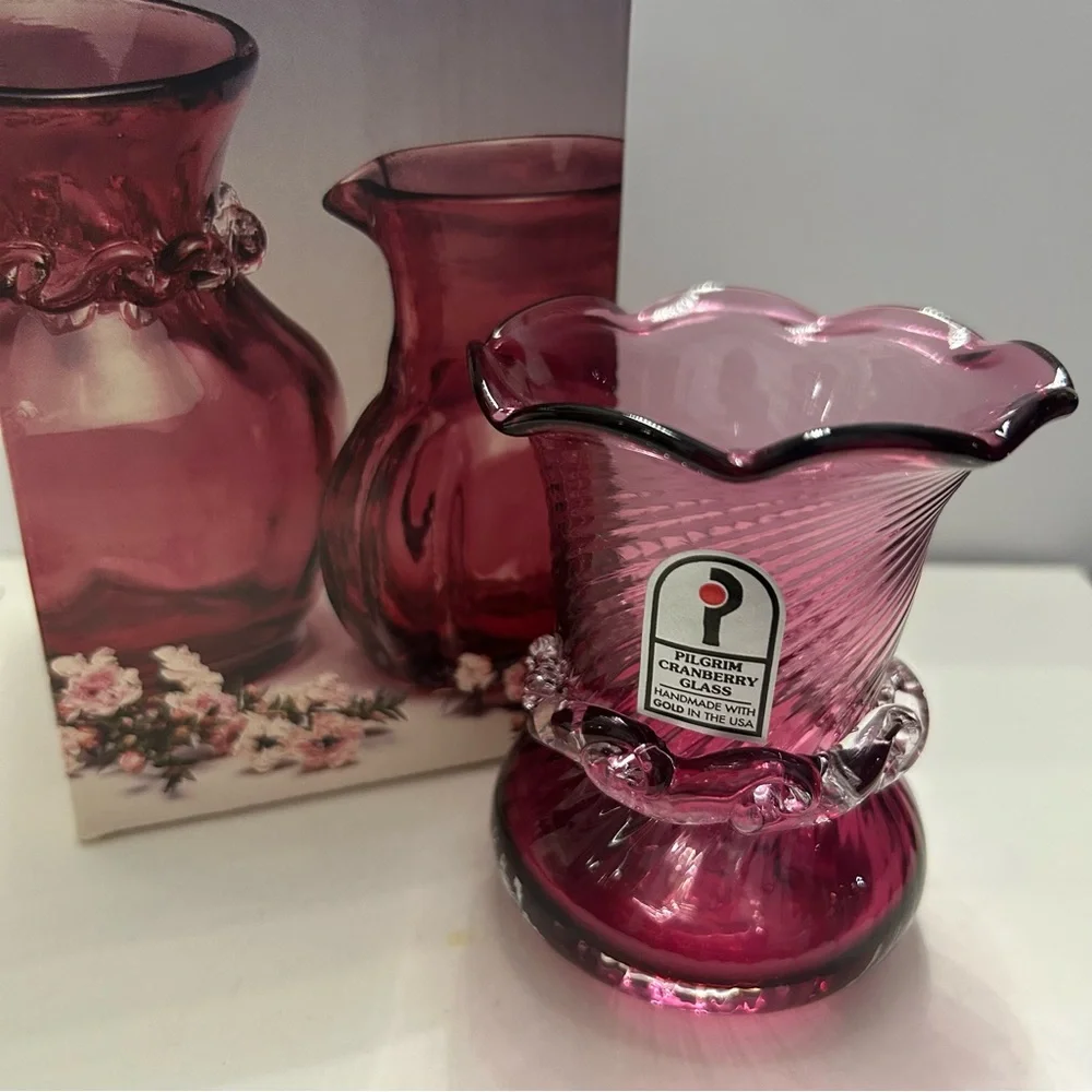 Vintage Pilgrim Vase Cranberry Swirl Handblown Glass with Original Box